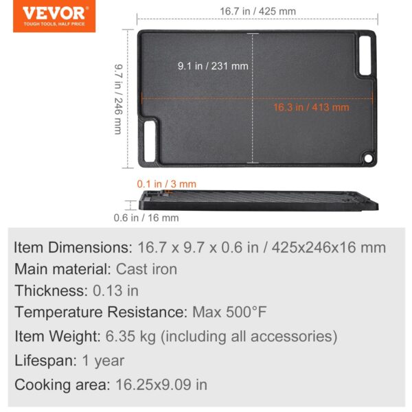VEVOR Reversible Grill & Griddle, Pre-Seasoned Cast Iron, Double Burner Griddle Pan - Image 2