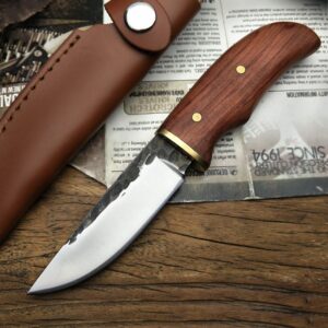 Outdoor Survival Knife With Mahogany Handle and Sheath