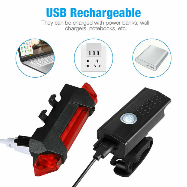USB Rechargeable LED Bicycle Headlight & Rear Light, Multiple Flash and Light Modes - Image 6
