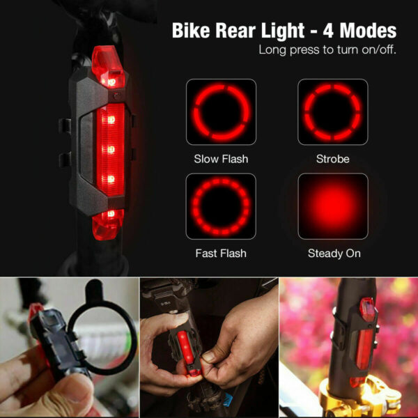 USB Rechargeable LED Bicycle Headlight & Rear Light, Multiple Flash and Light Modes - Image 5
