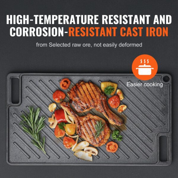 VEVOR Reversible Grill & Griddle, Pre-Seasoned Cast Iron, Double Burner Griddle Pan - Image 3