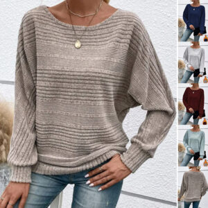 Solid Striped Casual Long Sleeve Pullover, Batwing Sleeves