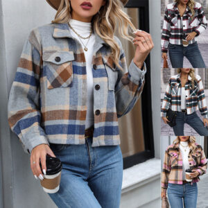 Autumn And Winter Women's Flannel Plaid Short Coat