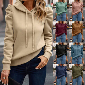 Solid Color Ruffle Sleeve Women's Plush Hoodie